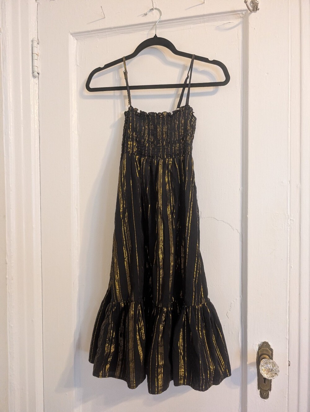 ​Black Gold Metallic Lurex Smocked Tiered Mini Dress Size 8/10